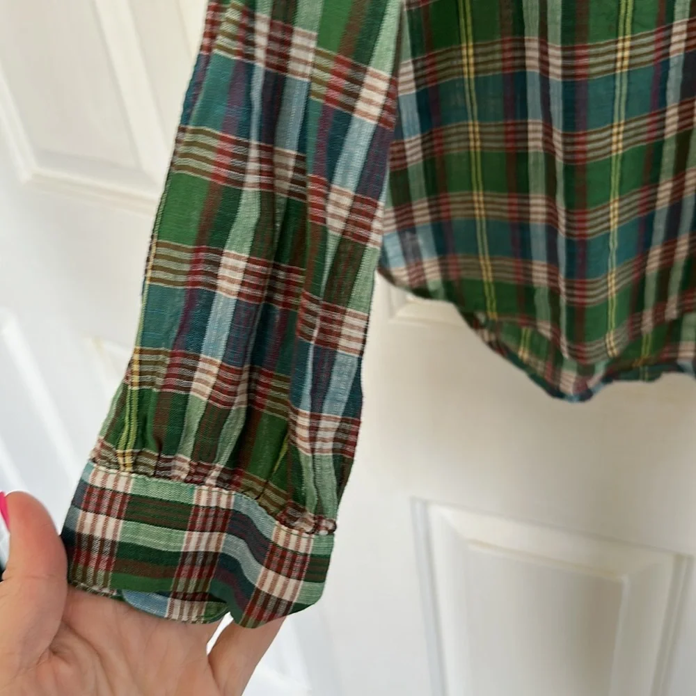 J. Crew Green and Blue Plaid Button-Up Blouse